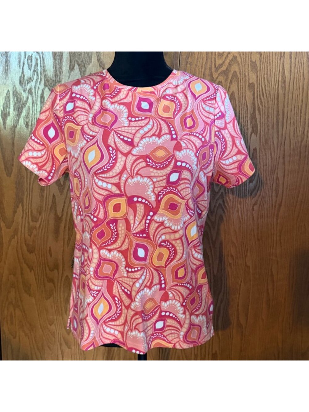 StudioWorks Womens Tee Size PM Petite Medium Pink & Orange Geometric Cotton